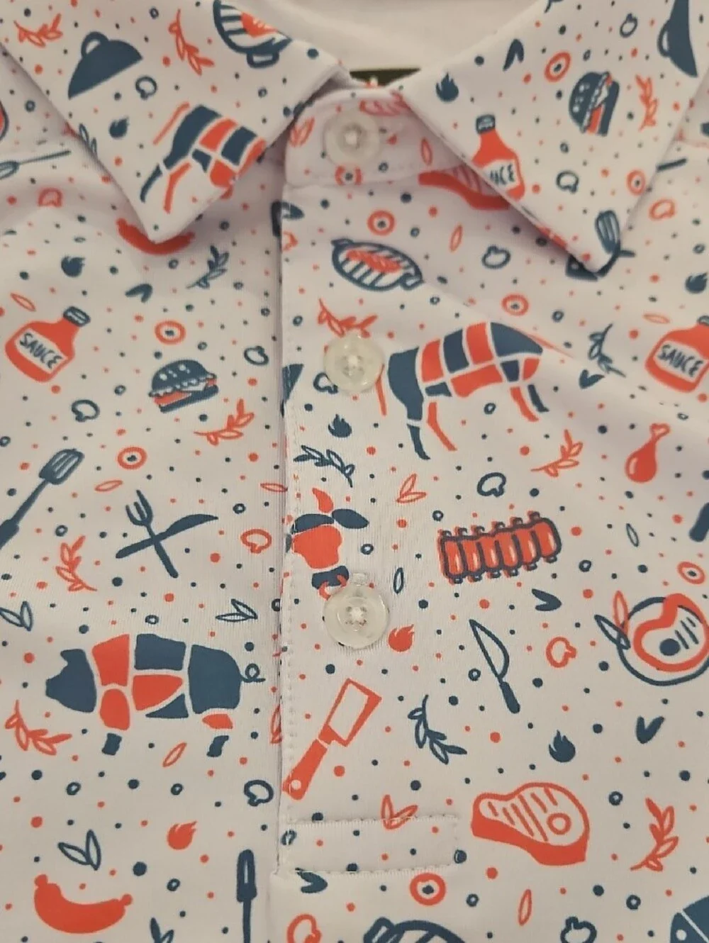 Waggle Men's Casual White Polo Shirt with Red & Navy Novelty Print. Size L - Picture 4 of 4